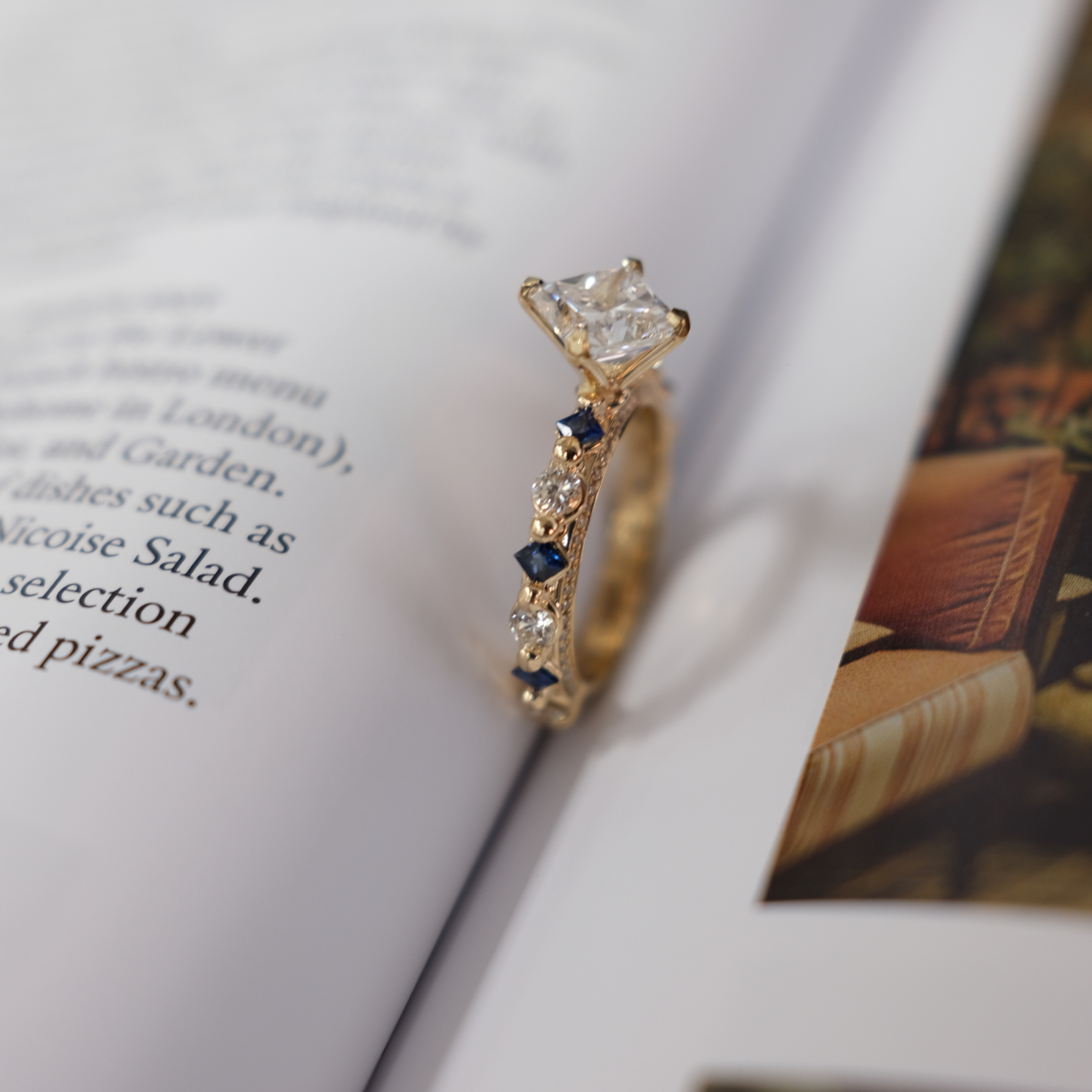 JA Diamond Solitaire ring with sapphire  & Diamond melees on the band  side image